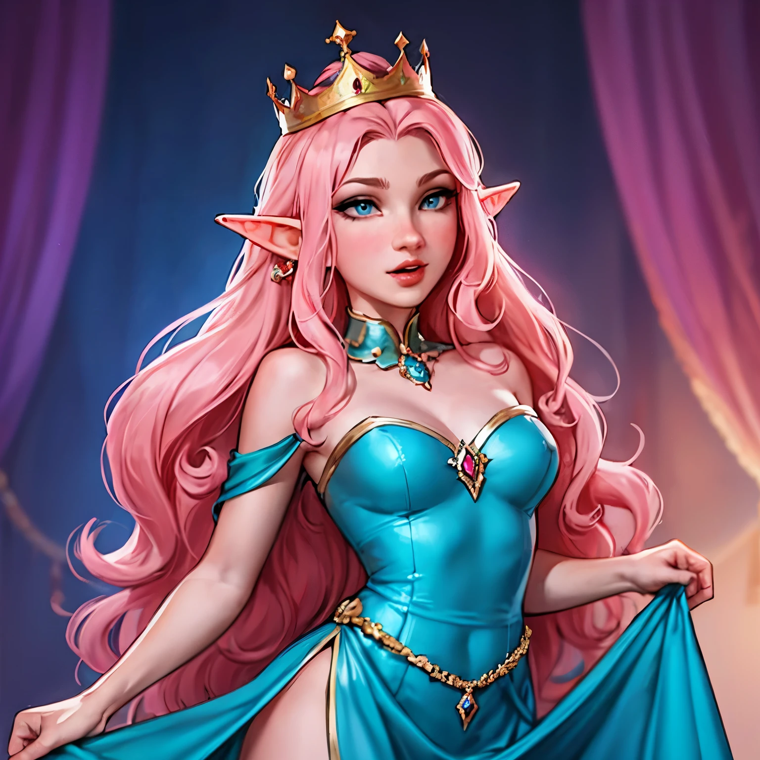 Woman, long wavy hair, pink hair, blue eyes, sexy elf, crown, queen, Dress 