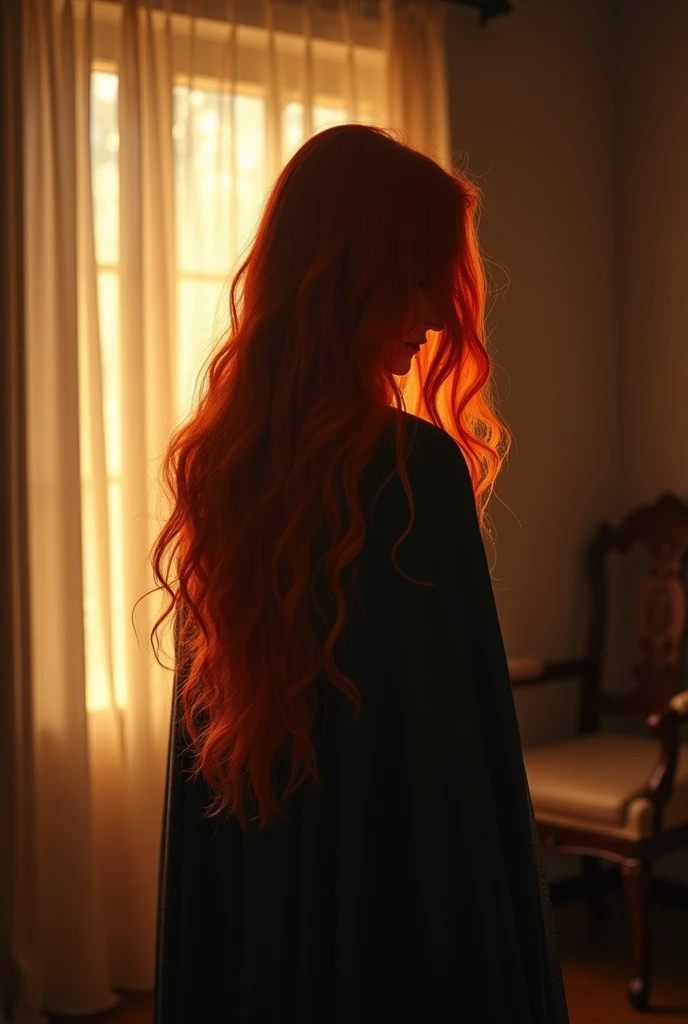 Woman with long hair standing in a room, soft light from the side, still photo from behind view, inspired by Nan Goldin, side portrait of imogen poots, Anna Nikonova aka Newmilky, photo from behind, waist length red hair, in a cape with long hairs, ethereal backlight, view from behind, backlight