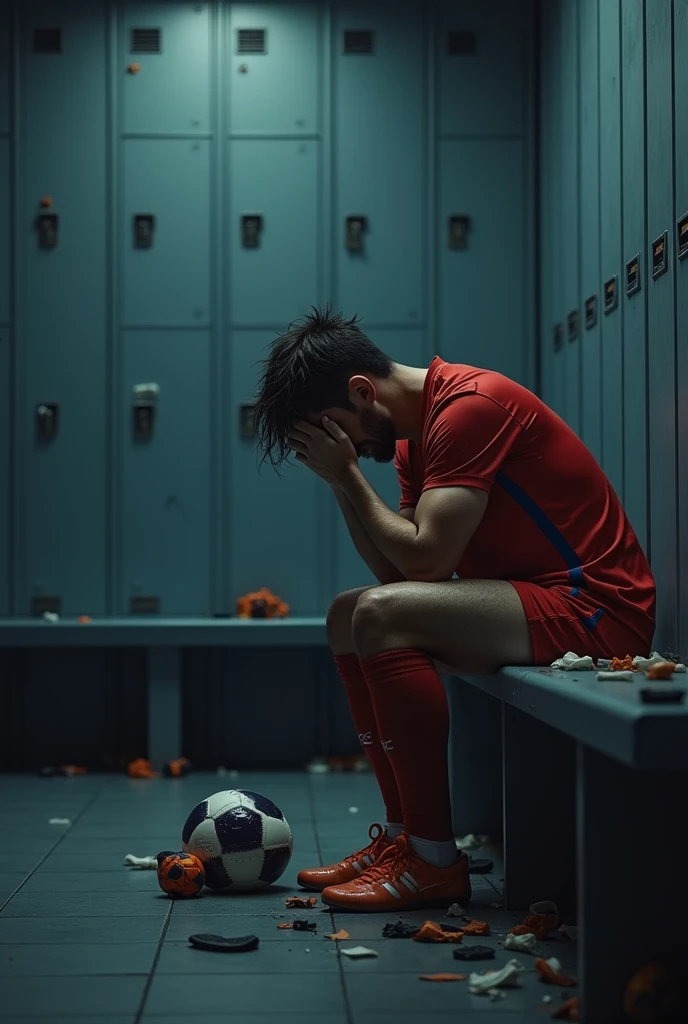 European football player, crying in the changing room of a football stadium ⚽