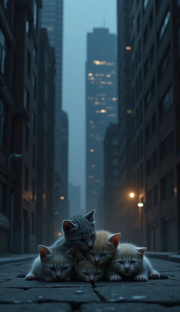 3D Kitten,cold,City,building,Alley,In the middle of the night、Kittens are born,Lots of kittens
