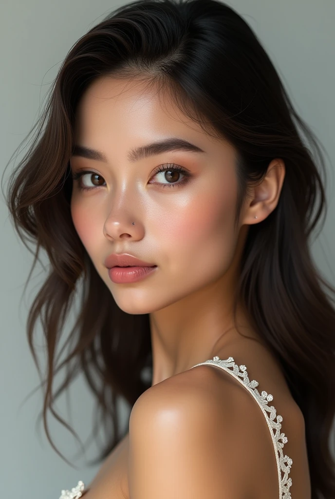 A young adult lady with light skin dark hair beautiful clear skin with eye brows with matches her face and natural lashes with pitch black her looking like a model yet all natural with no makeup and brown eyes with a beautiful jawline Instagram model head profile picture making it look as realistic as possible (human being)