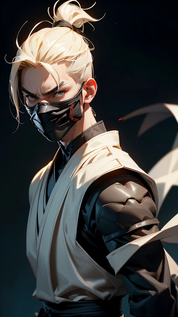 envision a 8k, highres, semi realistic cinematic full body design concept art design sheet of a soft ninja man with a slender muscular body, clean shaved, sleek pale blonde hair, and pale yellow eyes, pale ninja robes, ninja armor, ((mortal kombat ninja mask)), half face mask, against a dark gray background