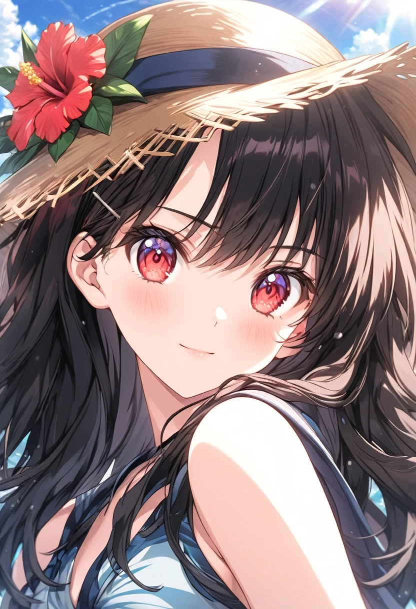 (masterpiece, best quality), ultra detailed, very aesthetic, absurdres, extremely detailed CG unity 8k wallpaper, super fine illustration, transparent illustration, (detailed_face:1.2), BREAK 1girl, long black hair wearing a straw hat, (sarong pass), small breasts, (glamorous expression), red eyes, anime style 8k, beautiful anime portrait, anime moe art style, anime art wallpaper 8k, High quality anime art style, anime style portrait, be familiar with digital anime art, anime art wallpaper 8k, cute anime girl portrait, Hawaii background, blue sea, palm trees, sunlight, full body, BREAK depth of field, perfect hands, nice fingers, 5_finger, 4_finger,1_thumb,
