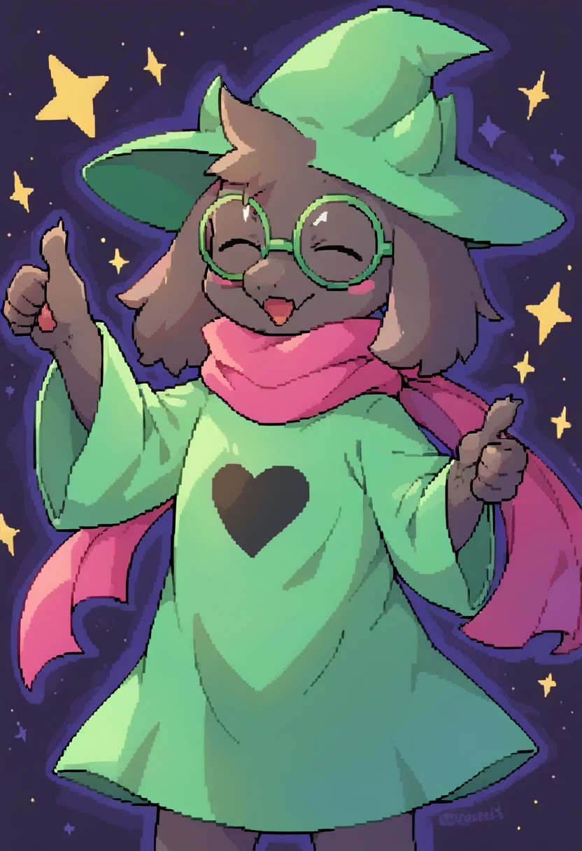  (score_9, score_8_up),furry, fur, face, Ralsei(deltarune), goat, dark fur, Green horns (they're usually pink, but the hat is covering them), black sleeves, cute, green glasses, hat, green shirt, standing, gojo pointing pose,pink scarf,closed eyes, happy, smug face,  {{Artist: %greatm8%}},  1furry, solo, male, Stickers