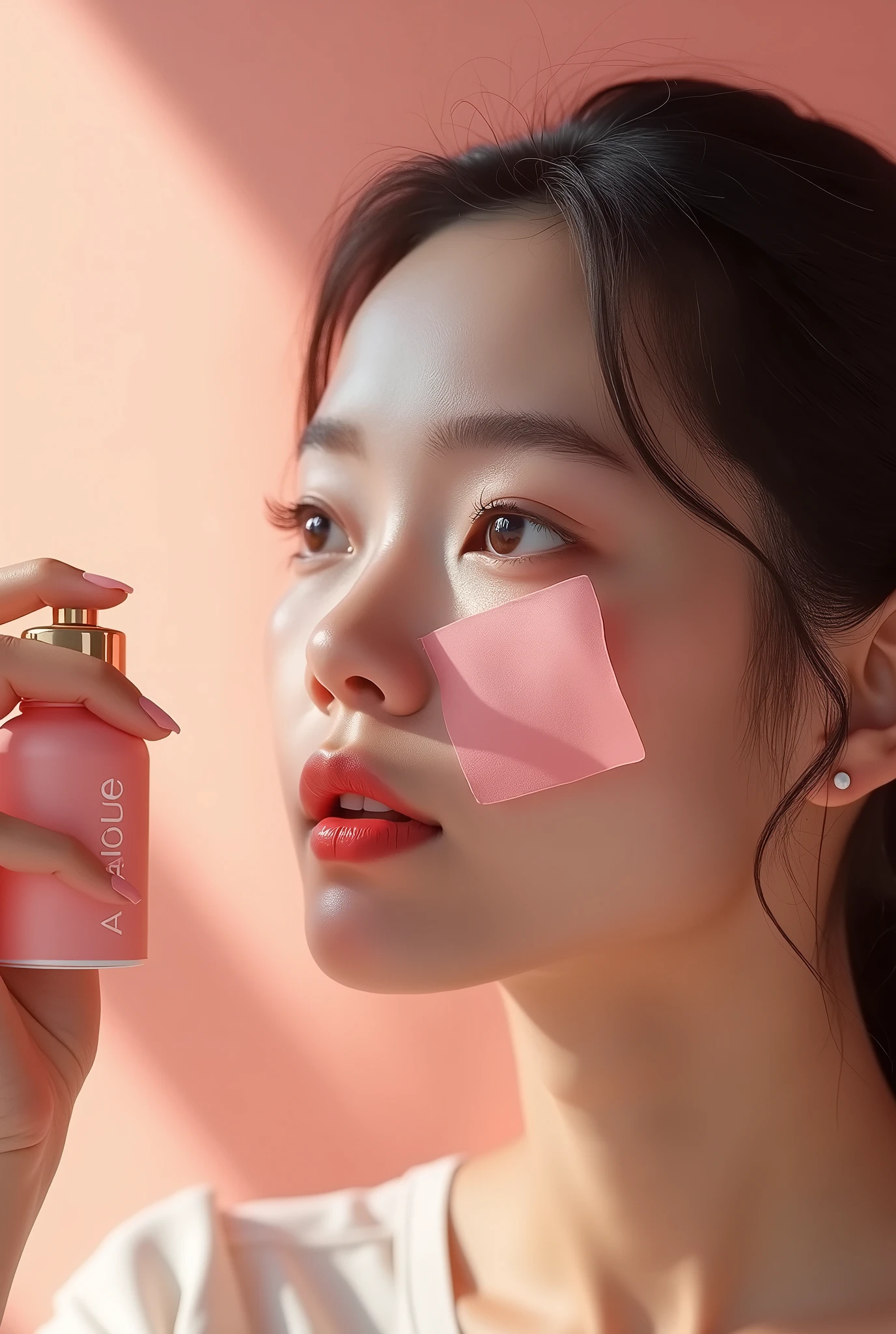 An image of an innovative makeup product, where the blush is a thin, square sheet of paper. It shows a woman applying paper blush to her face.. She tears off a piece of the blush sheet, He places it on his cheek and sprays it with water., which makes the blush perfectly applied.