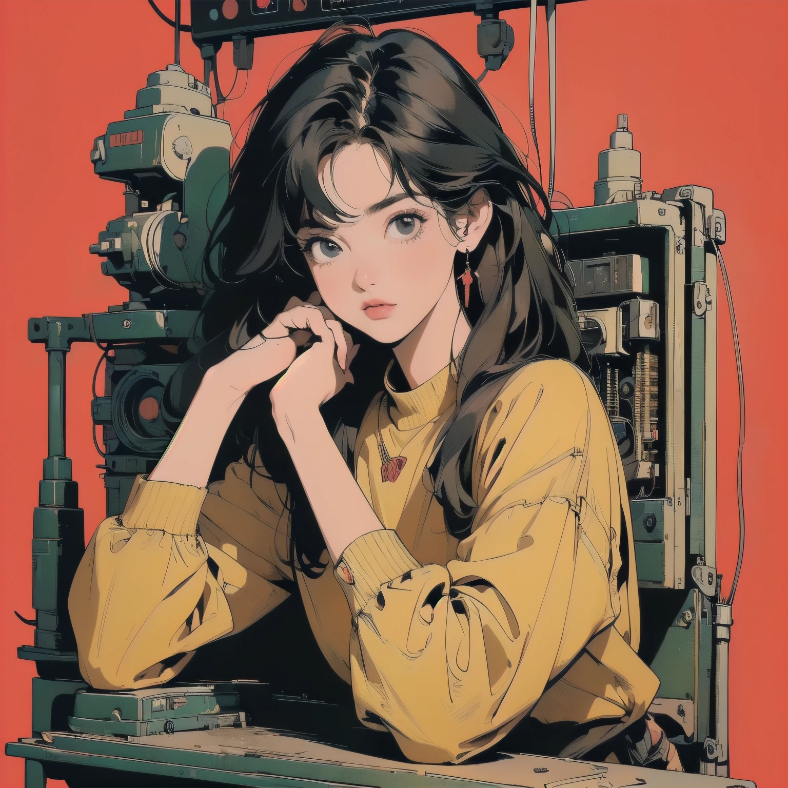 (((masterpiece, Highest quality)))、(((32K Wallpapers)))、The most detailed black machine、((Outdated yellow machinery and a woman)))、The most detailed background、(((small Chest)))、(((Surrounded by many complex, sophisticated, Outdated machinery)))、((((Upper Body))))、 (one person:1.2), ((Overall colorfully))、A perfect Outdated machinery、(((Perfect Face)))、(((The most complete Outdated machinery)))、Detailed Hair、 (((Lots of cables)))、Close-up、(((own hands together)))、(((A complex and huge engine)))、((Only red background)))、(((signal machine)))、(((Sitting on a chair on a machine)))