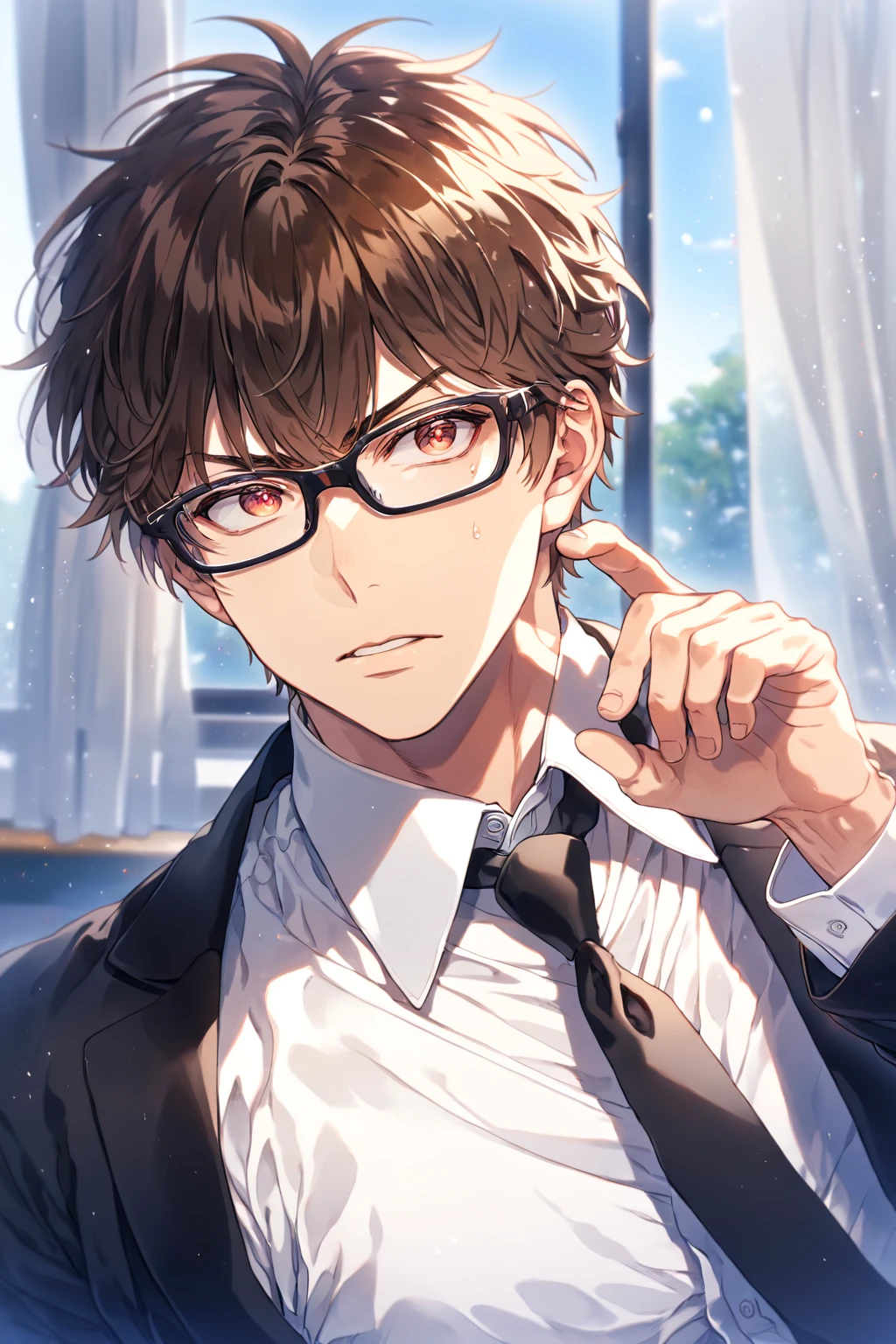 absurdres, highres, ultra detailed, HDR, master piece, Miyuki Kazuya, brown hair, expressive amber eyes, black glasses, black jacket, white shirt, black necktie, Diamond No Ace, sexy man, handsome, best quality, fantasy, magical, solo, sensual, classroom, window, curtains, blue sky, manly man,