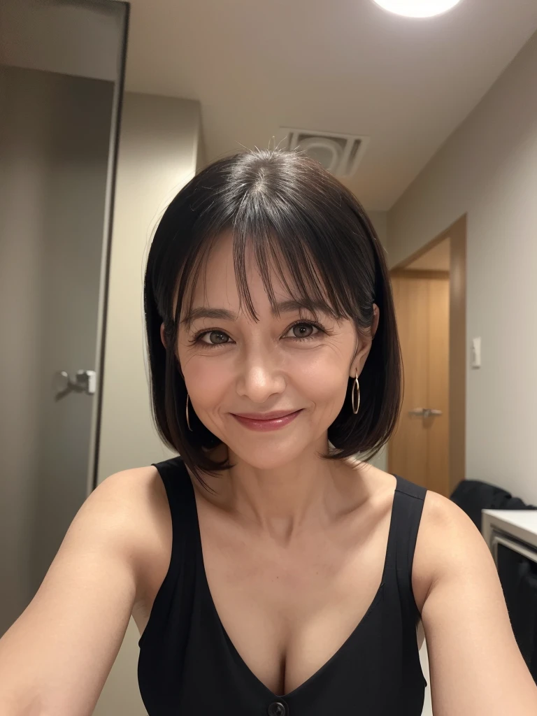 (Highest quality:1.5)、(masterpiece:1.5)、(8k:1.5)、((very small flat chest:1.7))、(Sleeveless dress:1.5)、(Slender:1.5)、(Blushing:1.5)、(smile:1.5)、(whole body)、(Thin and beautiful legs:1.3)、((50 year old mature woman:2.0))、((Wrinkles around the eyes:1.7))、((Wrinkles around the mouth:1.7))、((Erect nipples:1.4))、(Entrance of the apartment:1.5)、(Elegant hairstyle:1.3)、(One woman:1.5)、(Beautiful black hair:1.5)、(Open the front of your business shirt:1.5)、(Leaning forward:1.5)