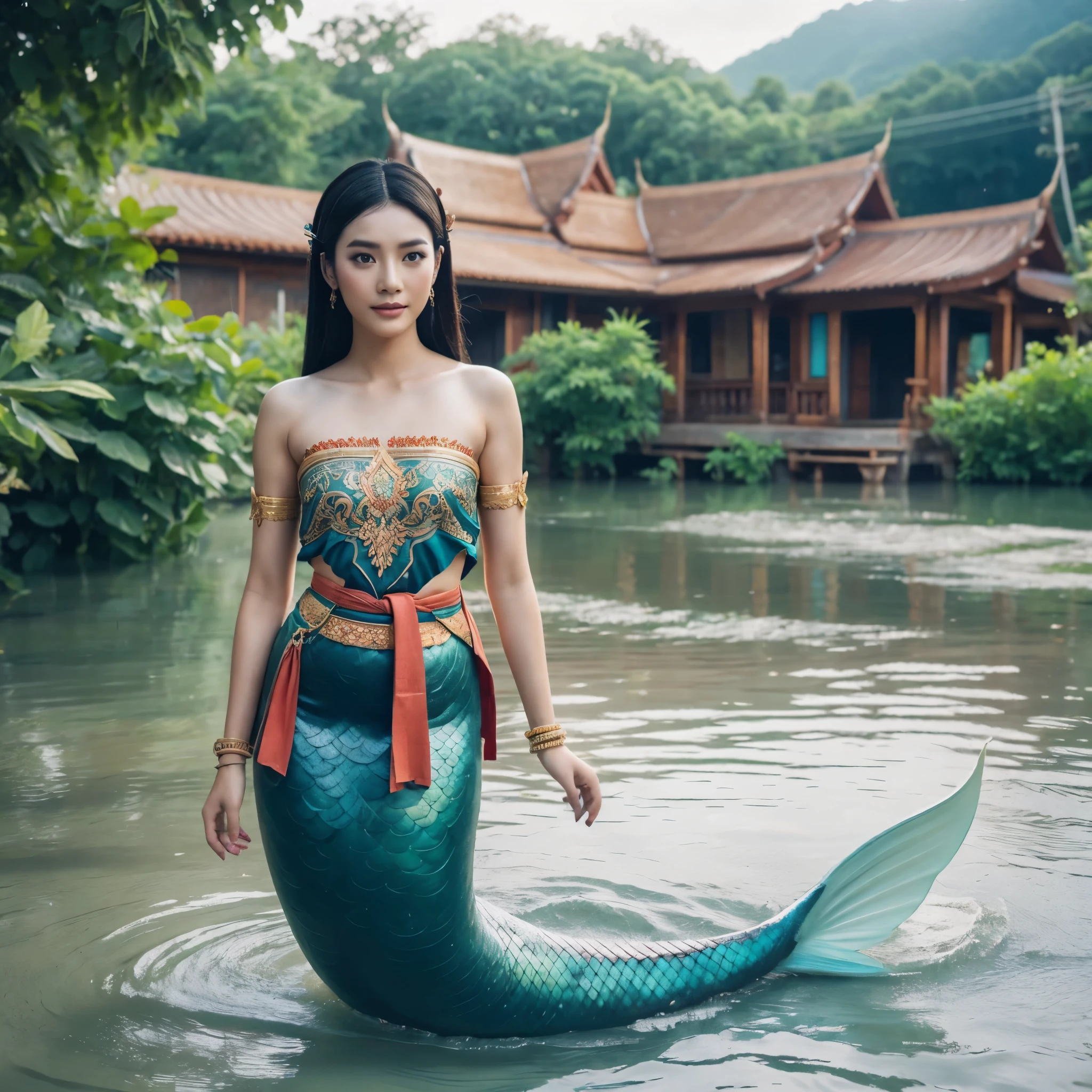a single beautiful Thai female mermaid, black hair, wearing Thai ancient traditional cloth on upper body, upper body is human, lower body is shining turquoise fish tail, no head dress, swimming in flood water, brown water, wild flood, houses sunk,