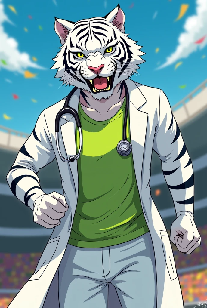 White tiger doctor with lime green shirt and white coat and stethoscope Could you make it anime style please, a little aggressive, not much, with a style more like an Olympics mascot You could make it thinner Striped hands please already full body, not so humanized