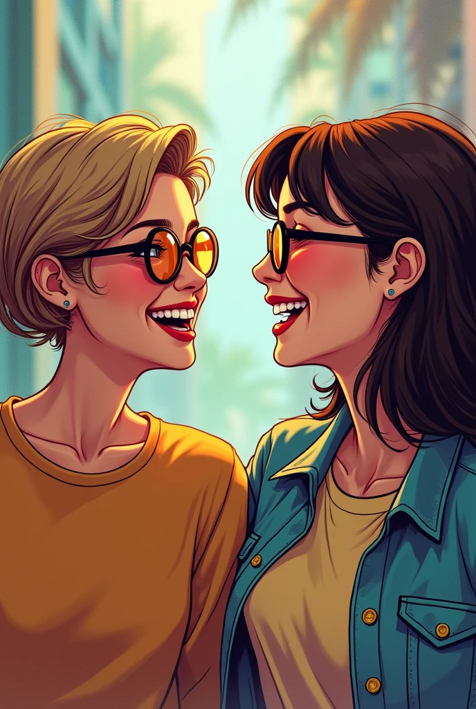 A short-haired girl laughing with another long-haired girl, both with marvel style glasses