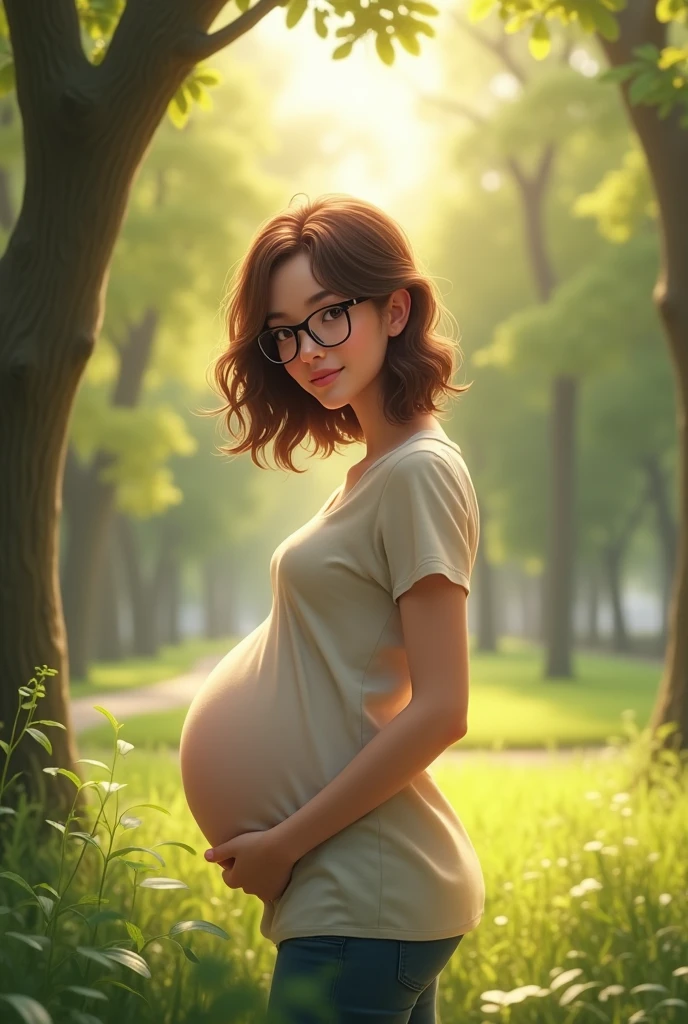 brunette woman with medium hair, who wears glasses, Of medium height, pregnant, in park