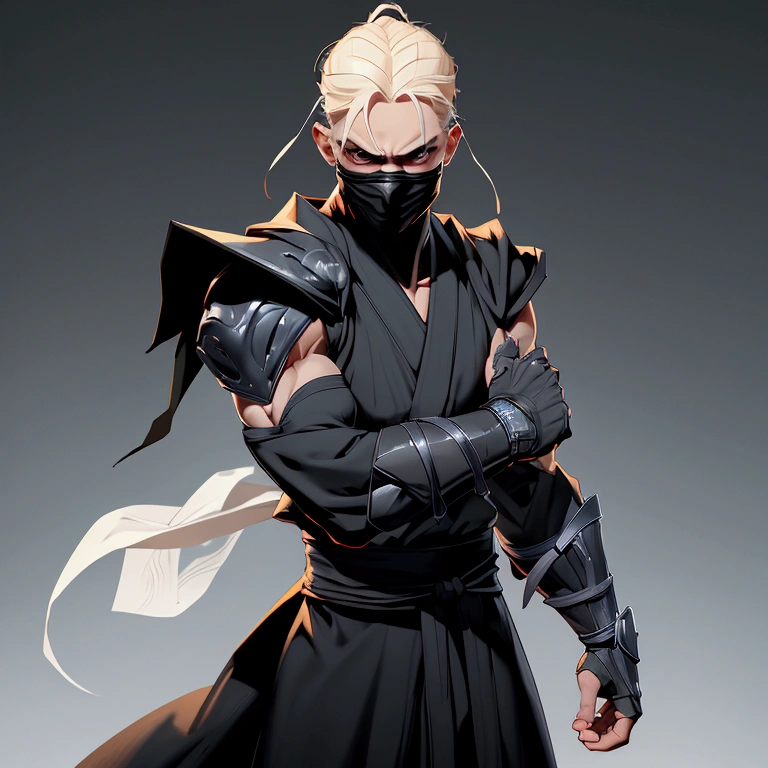 envision a 8k, highres, semi realistic cinematic full body design concept art design sheet of a soft ninja man with a slender muscular body, clean shaved, sleek pale blonde hair, and pale yellow eyes, pale ninja robes, ninja armor, ((mortal kombat ninja mask)), half face mask, against a dark gray background