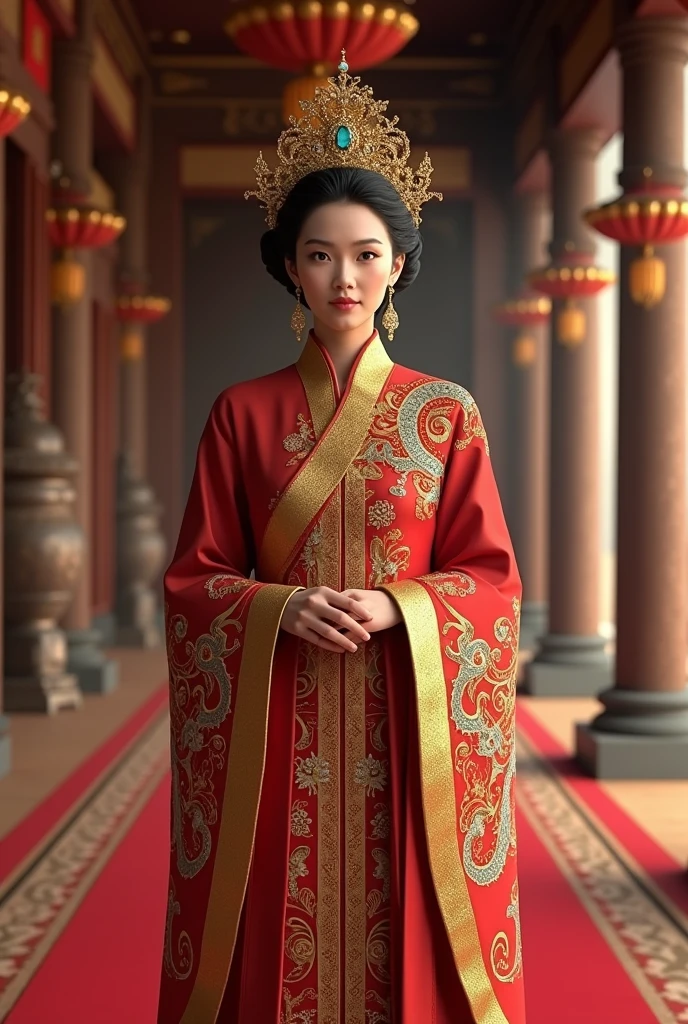A figure of Megawati Soekarnoputri, wearing the imperial regalia of the Empress or Empress of China. The attire consists of a long golden-red robe with intricate dragon and floral embroidery. She wears a golden crown adorned with jewels, with sheer curtains hanging on the sides. Her face shows calm and authority, with her black hair neatly tied up under her crown. The background shows the interior of a magnificent Chinese palace with traditional ornaments and large pillars.
