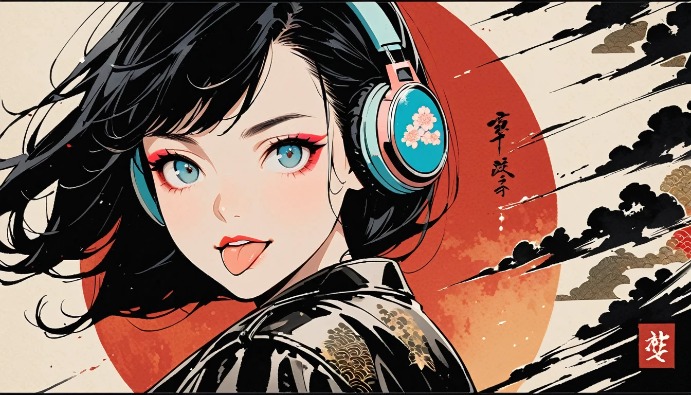 (((Ink Painting))), (((from above))), (((1 female))), (((Leather jacket with Japanese patterns))), (((Wink, Sticking out tongue))), (((Very flashy makeup))), Japanese style headphones, face close-up, front view, Japan人の美少女, Black Hair, Delicate and precise, Modern ukiyo-e style,Japan, Droopy eyes, round face, Glare, Fuller lips, vivid color