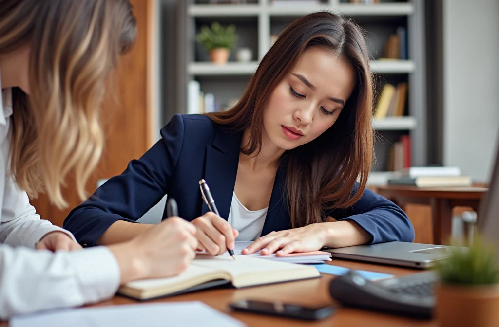 Two American female white-collar workers are writing work diaries in the office,8k HD resolution,Natural light and shadow
