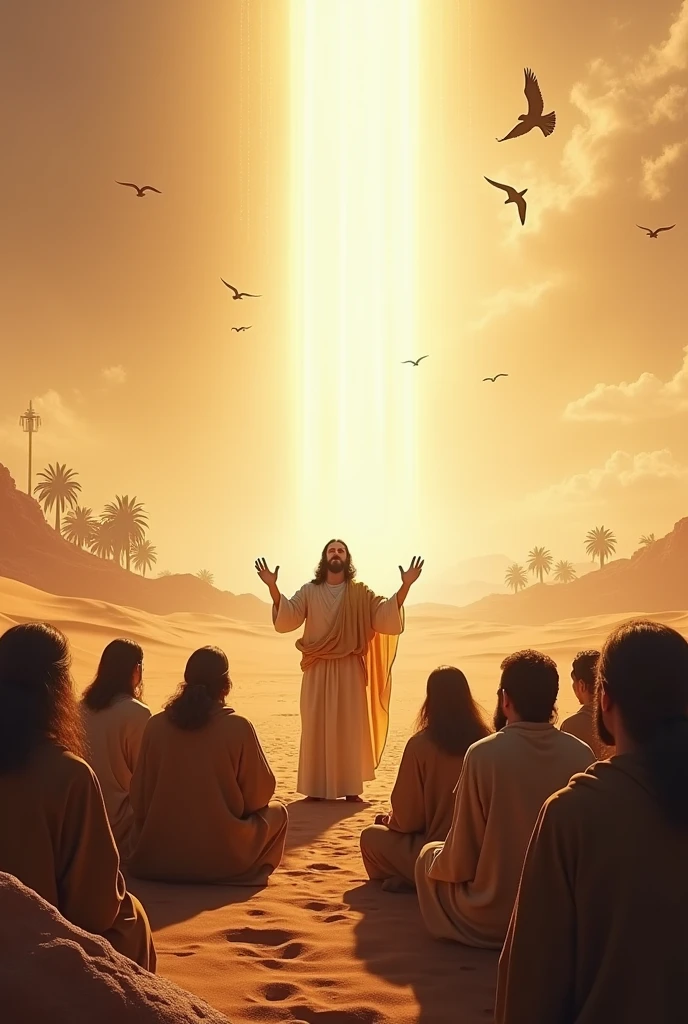 An image of JESUS teaching to a crowd of people sitting watching and in the sky a bright light shining God blessing in a desert setting with birds in the sky