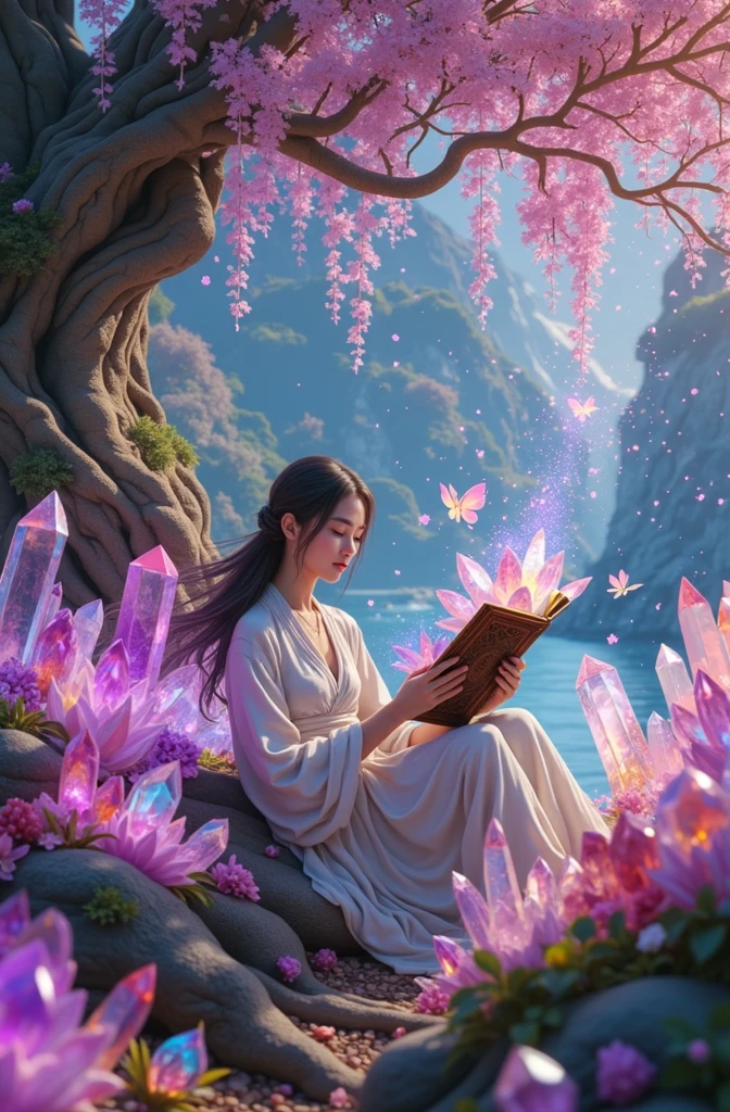 Imagine an ethereal fantasy landscape filled with a myriad of colors pastel. In this serene scene, a person of Asian descent, with long flowing hair, is sitting under a giant, ancient tree. They are deeply involved in an act of crystal journaling. A wide array of radiant, exquisitely detailed healing crystals of diverse hues such as rose quartz, amethyst, and citrine are arranged into a circular pattern around them. The person, wearing lightweight, flowing clothes, holds an old, leather-bound journal in which they record their observations, thoughts, and feelings. The vibrant and soothing energies of the crystals merge with this person's aura, creating a mystical synergy. Ethereal creatures like glowing fairies and wisps gently float around illuminating this sacred space.