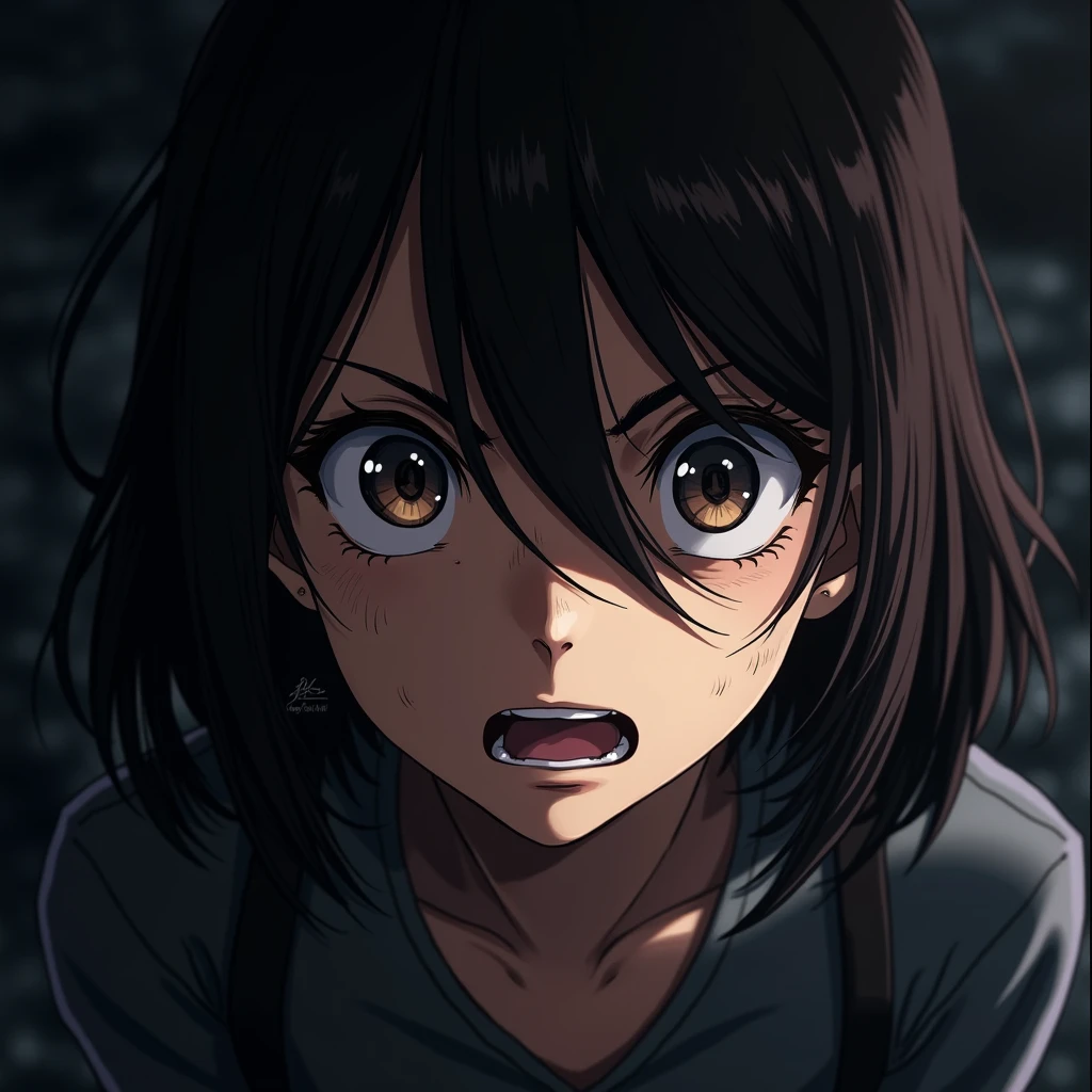 jojo&#39;s bizarre adventure style、One girl、Screaming、It's happening、dark face、Beautiful Eyes、Close-up in the eyes、Realistic people、Textured skin, 