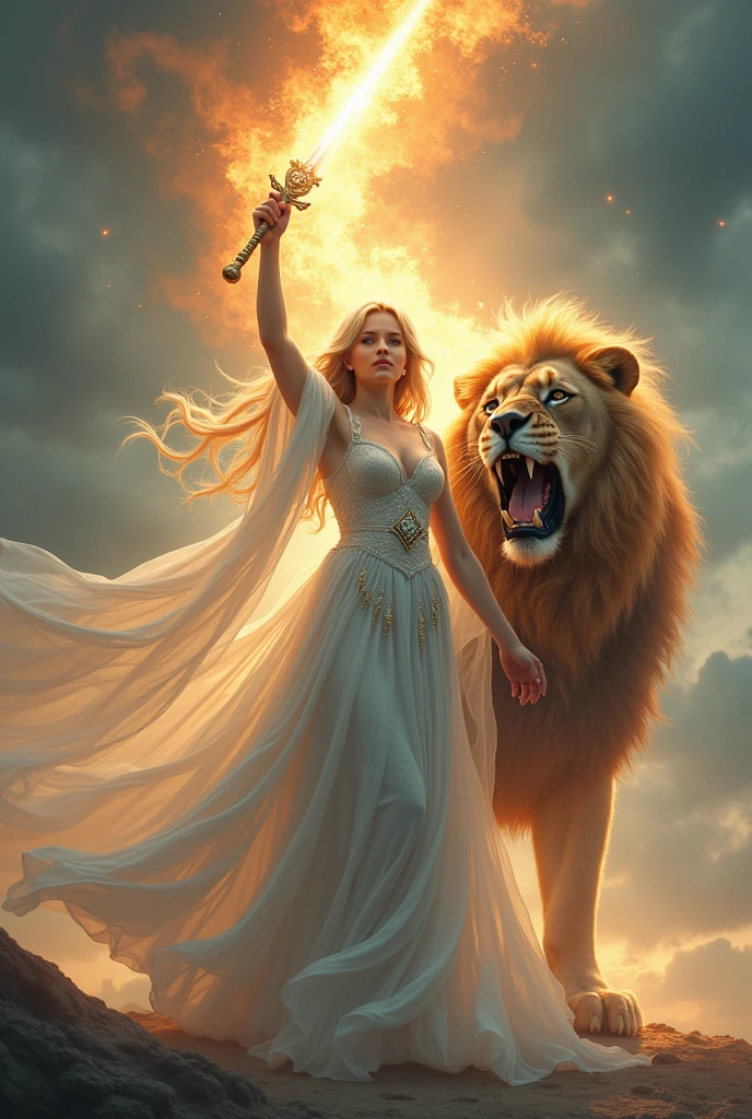 Woman in white with a flaming sword and a roaring lion behind her