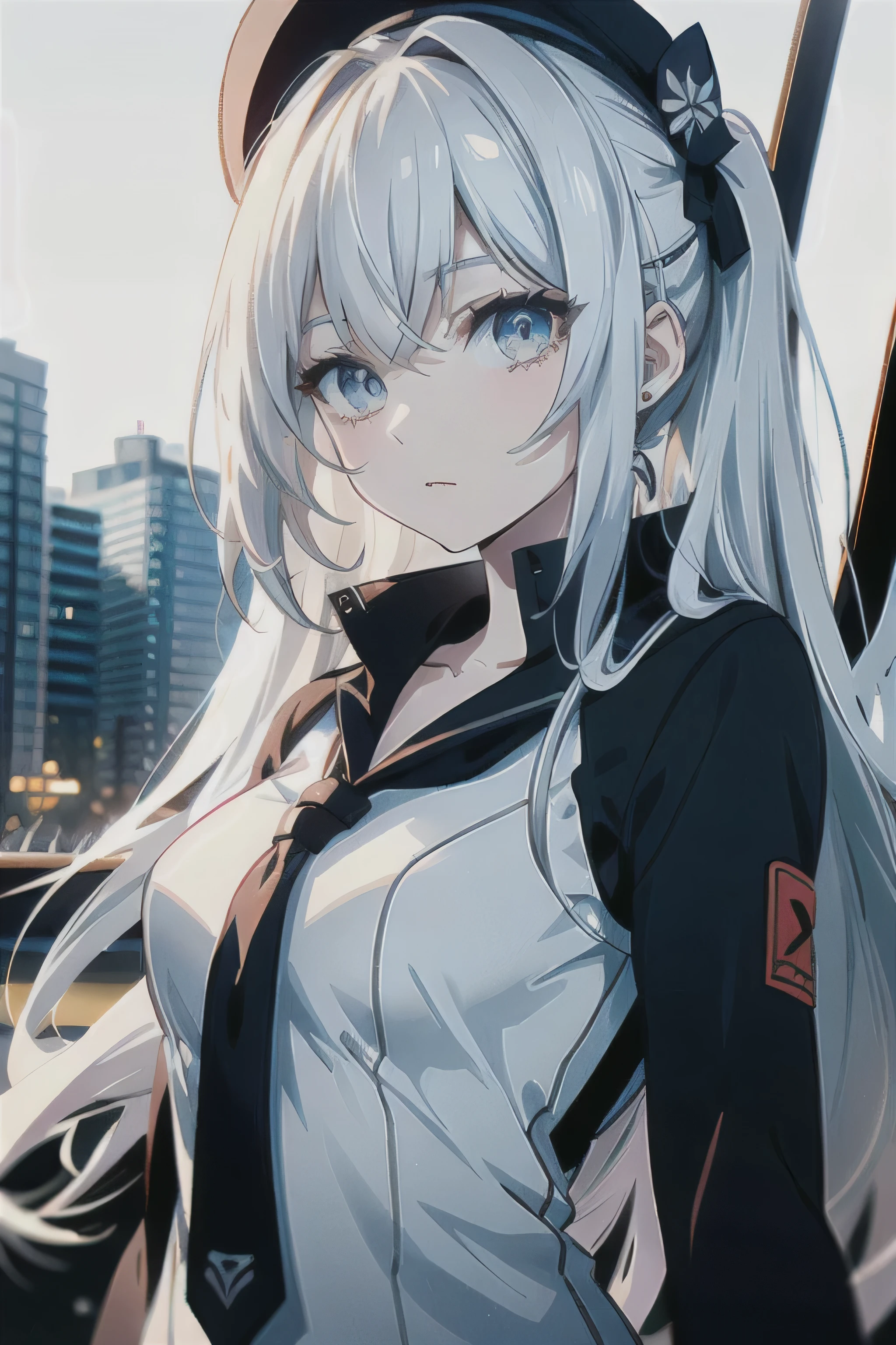 (masterpiece), (best quality), (highest Quality), (Ultra detailed), (highest Resolution), 8K, anime style, beautiful face, ultra detailed face, beautiful and detailed eyes, looking at viewer, a teenager lady, (white and long hair:1.2), office suit, (navy eyes:1.2), swinging a spear, urban, shadow