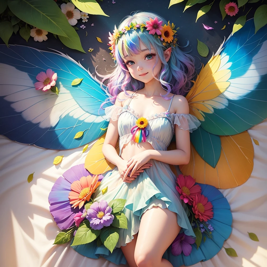 cute little fairy rainbow hair rainbow transparent wings flowers leaves clothes made of leaves flowers flower crown big flower light sunshine big flower leaves gently smiling