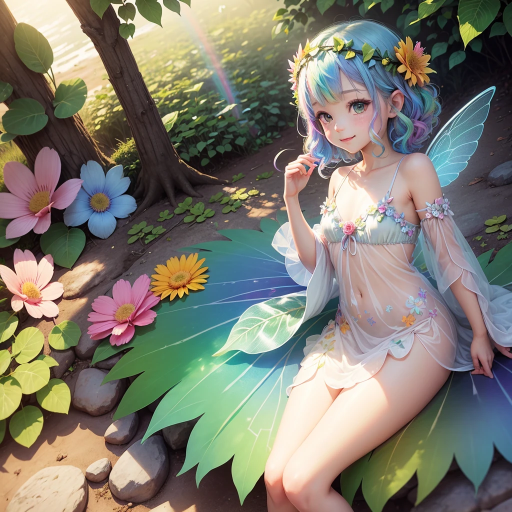 cute little fairy rainbow hair rainbow transparent wings flowers leaves clothes made of leaves flowers flower crown big flower light sunshine big flower leaves gently smiling
