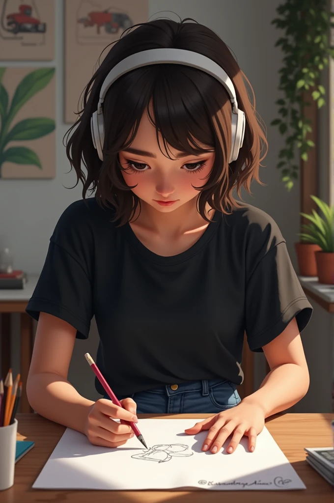 ager woman drawing at a desk with headphones short wavy hair, Dark brown Dark brown eyes Average chubby With black t-shirt and denim jeans