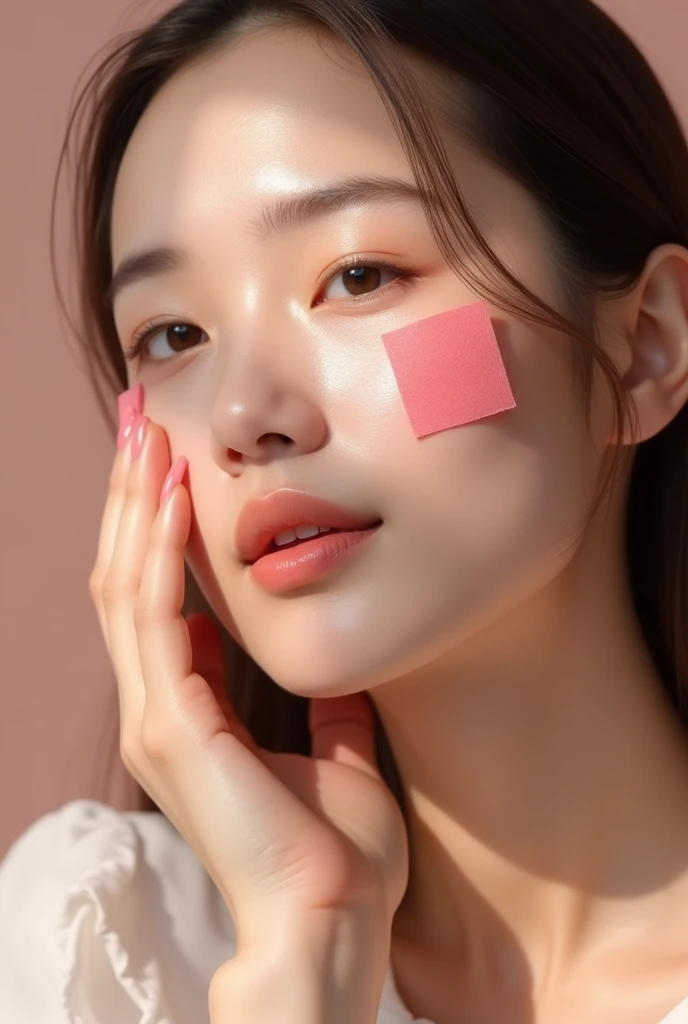 An image of an innovative makeup product, where the blush is a thin, square sheet of paper. It shows a woman applying paper blush to her face.. She tears off a piece of the blush sheet, He places it on his cheek and sprays it with water., which makes the blush perfectly applied. The color of the blush is a soft pink tone. In the image, You should see the before and after of the face, showing the application of paper blush with a natural and uniform result. The scene should be illuminated with soft light, highlighting the texture of paper and skin.