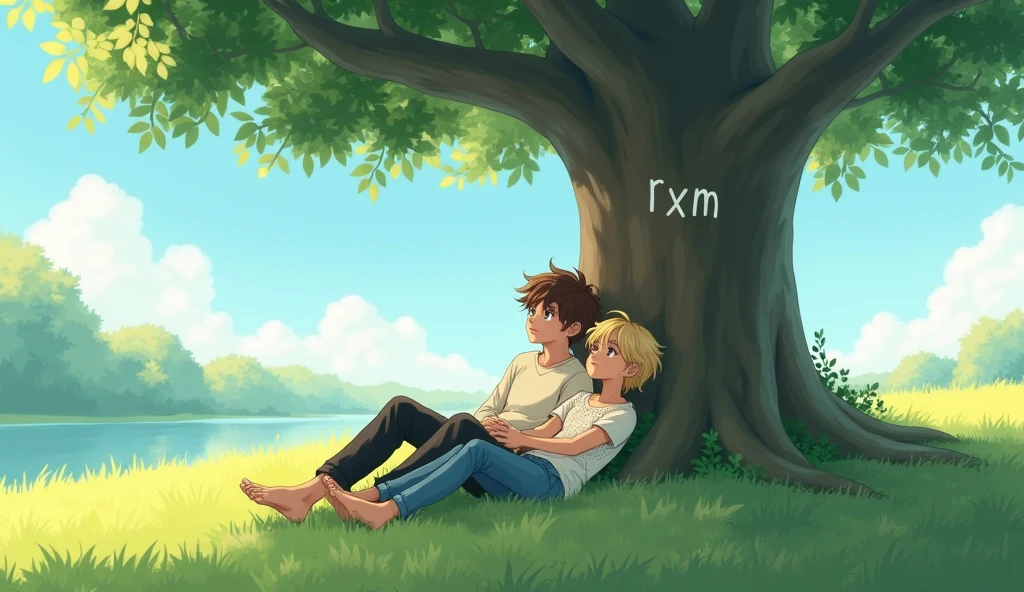 Two male teenagers are lying under a tree. They are looking up. They are holding hands. One male teenager has brown hair and is wearing a white sweater. Black pants and no shoes. The other male teenager has brown skin and blond hair and is wearing a lace shirt. Blue jeans and no shoes. The tree has a heart drawn with the letters R x M right in the center of the drawn heart. The place they are in is a beautiful field and on the left side there is a lake. The two are holding hands under the tree in the shade of it and looking at the clouds. The image has to be in anime.