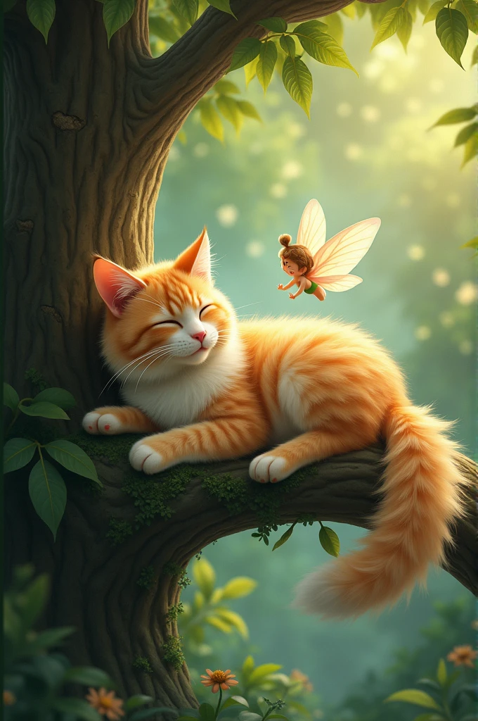 Can you make me a cat that is in a tree and is visited by a little fairy godmother?