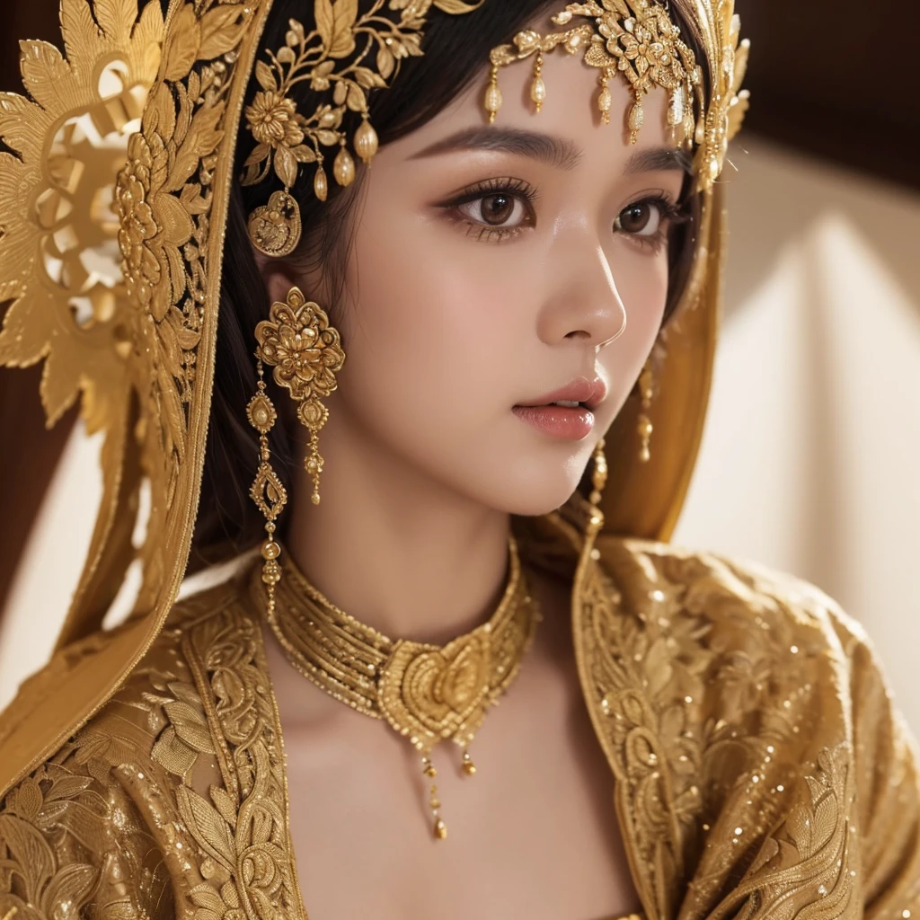 ((best quality)), ((masterpiece)), (detailed), perfect face ((close up of traditional malay features on a female))) Very traditional dress and Dressed in nalay muslim . Full of life and desire.