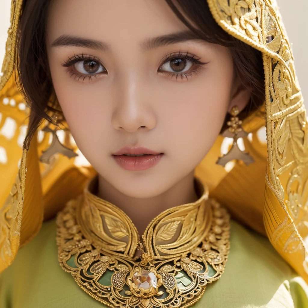((best quality)), ((masterpiece)), (detailed), perfect face ((close up of traditional malay features on a female))) Very traditional dress and Dressed in nalay muslim . Full of life and desire.