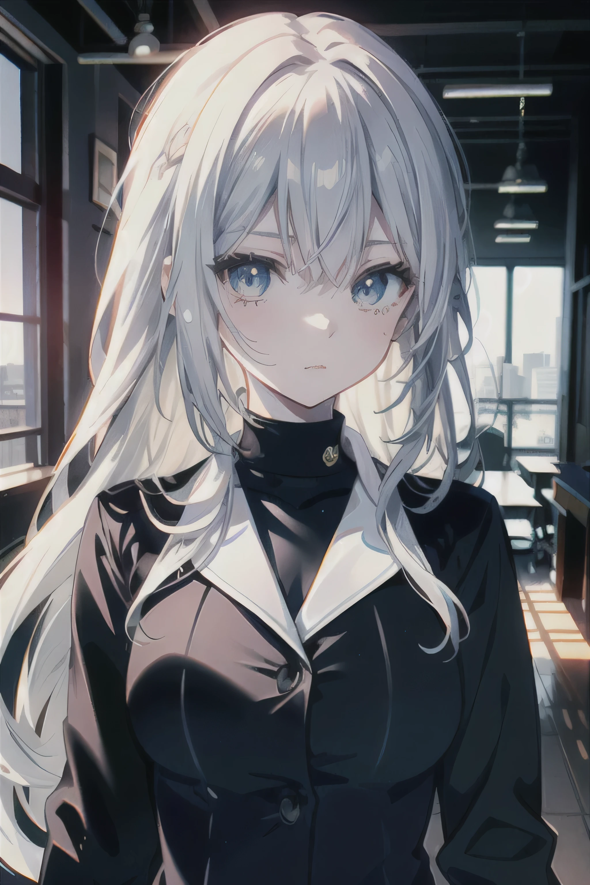 (masterpiece), (best quality), (highest Quality), (Ultra detailed), (highest Resolution), 8K, anime style, beautiful face, ultra detailed face, beautiful and detailed eyes, looking at viewer, a teenager lady, (white and long hair:1.2), office suit, (navy eyes:1.2), swinging a spear, urban, shadow
