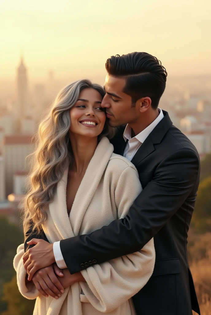 A beautiful youthful looking Hispanic version of a gray haired Selena Gomez as a 50 years old woman with long her completely gray hair in a big curls styles wearing a bathrobe standing on top of a hill overlooking a big city she is overlooking a city with a black haired younger 2 man who looks like Jimmy Donaldson/MrBeast wearing a business suit with short completely black hair he is hugging her
