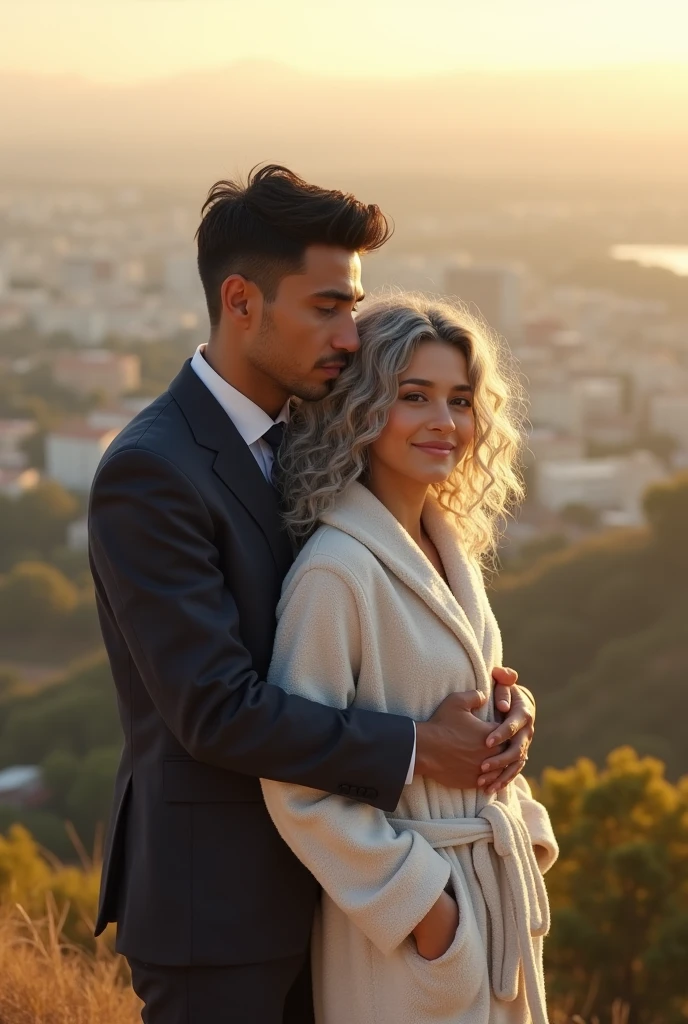 A beautiful youthful looking Hispanic version of a gray haired Selena Gomez as a 50 years old woman with long her completely gray hair in a big curls styles wearing a bathrobe standing on top of a hill overlooking a big city she is overlooking a city with a black haired younger 2 man who looks like Jimmy Donaldson/MrBeast wearing a business suit with short completely black hair he is hugging her
