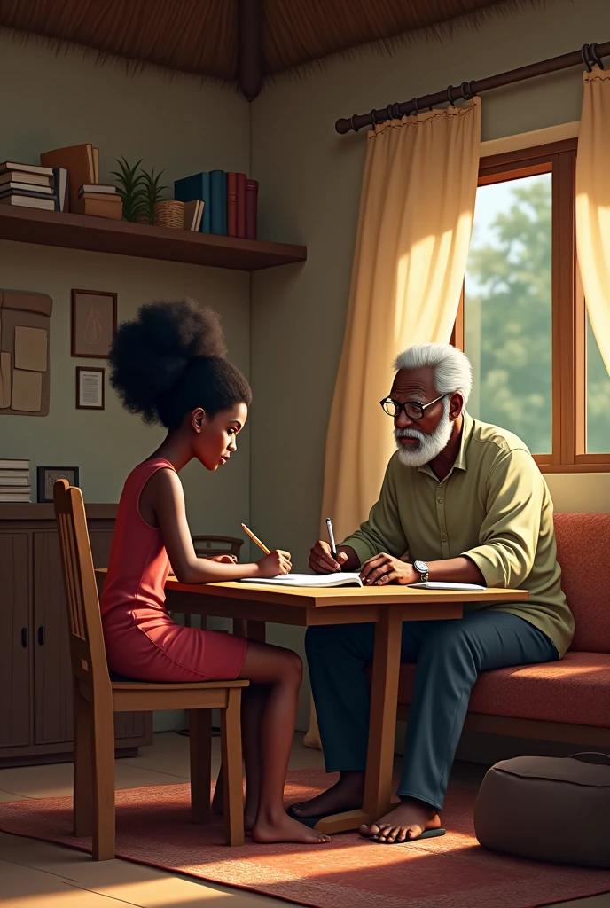 With an African old parent talking to her in a living room Generate an image of an African black skinny woman sitting at a desk studying in a village living room