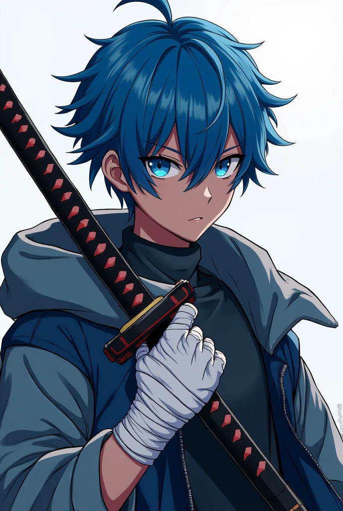 Un personnage animé qui a des cheveux bleus et une couleur de peau noire et qui a des yeux bleus et qui a un katana. Il a des bandages sur ses mains et il porte un costume de veste.