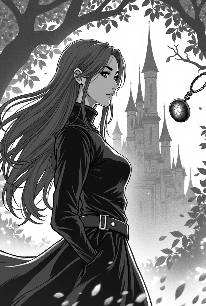 Monochrome manga art style, a striking woman with long flowing auburn hair cascading elegantly down her back, her black sweater wraps her figure snugly, checkered keychain delicately swaying along with her movements, her hand grasps a mesmerizing fireball emitting sharp, contrasting shadows, standing in front of an enchanting dream tree castle, the castle intricately crafted, branching towers spiraling skyward, leaves twinkling as if touched by magic, framing the magical scene with an aura of fantasy, the composition features her facing right, drawing attention towards the intricate details of the background, the playful dynamic between her powerful stance and the ethereal scenery creates a deeply engaging visual narrative, expressive linework emphasizes the contours of her face and the vibrant energy of the fireball, stark black and white contrast heightens the visual impact of both character and setting, cast light and shadow conjuring a sense of depth and movement, capturing the essence of the monochrome manga style with meticulous precision and flair, inviting viewers into a whimsical world where magic and strength converge, designed to captivate the imagination and evoke a sense of wonder.