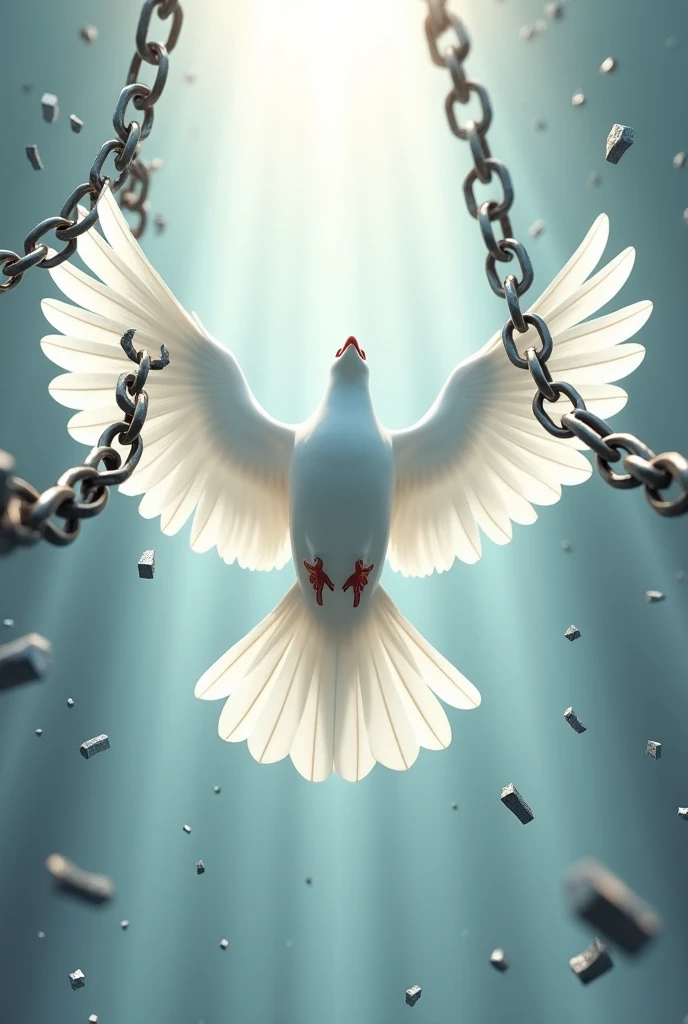 A white dove seen from below with 2 open wings and with broken chains