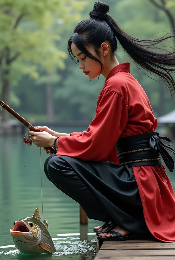 ((masterpiece, highest quality, Highest image quality, High resolution, photorealistic, Raw photo, 8K, Extremely detailed CG unified 8k wallpaper)), Fishing Samurai girl, black hair tied back, detailed beautiful face, detailed female hands, wearing red kimono and black hakama, holding a fishing rod, Caught a big fish, (Crouching on a wooden bridge, holding a fishing rod and casting the line into the river:1.3), 