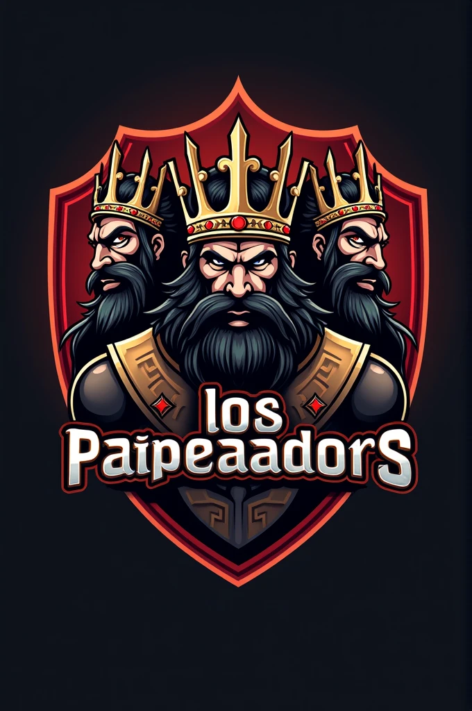 Create a logo for an eSports team, It has to be a shield with some gigachads with crowns, Must have the text "Los★Papeadores" and the main colors must be black, red and gold.