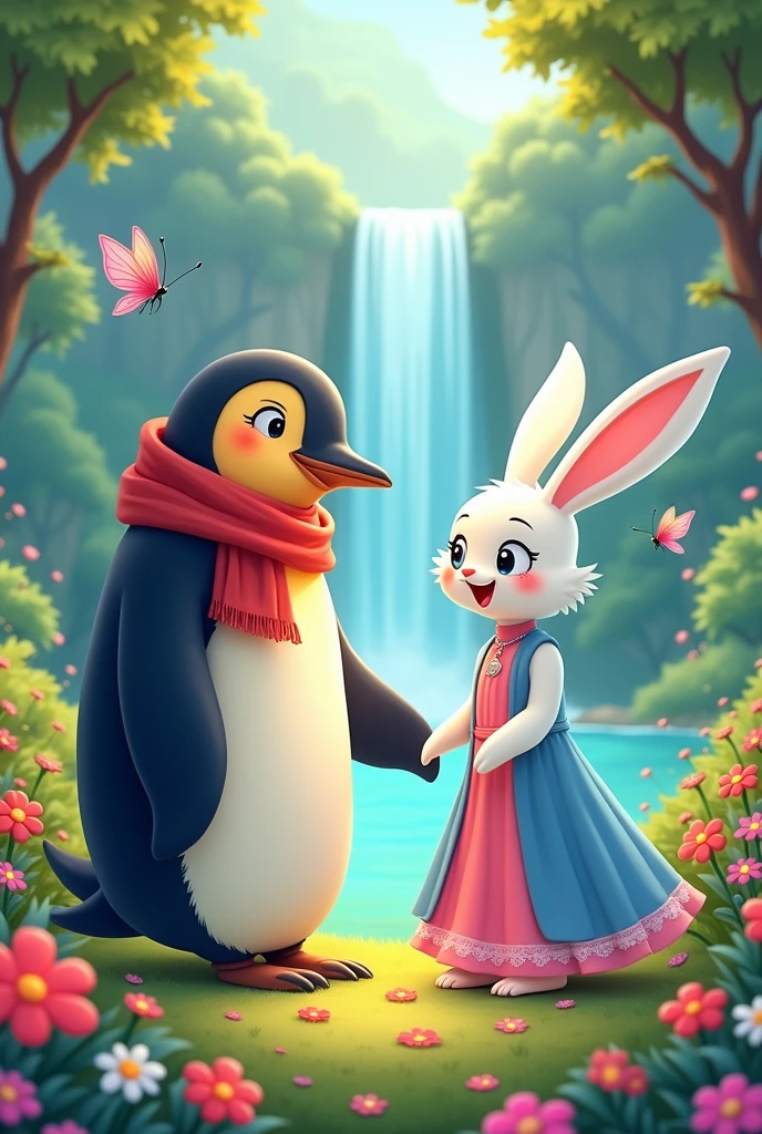 A tall penguin with read scarf in his neck. Penguin is with a tall white female rabbit. Female rabbit is white and wearing a gown of blue and pink shades. Female rabbit is beautiful and is smiling. Penguin is looking at the rabbit and talking excitedly and the rabbit is laughing. In the background there should be a waterfall and trees and flowers. 2 butterflies fluttering. Cartoon illustration, fairytale background