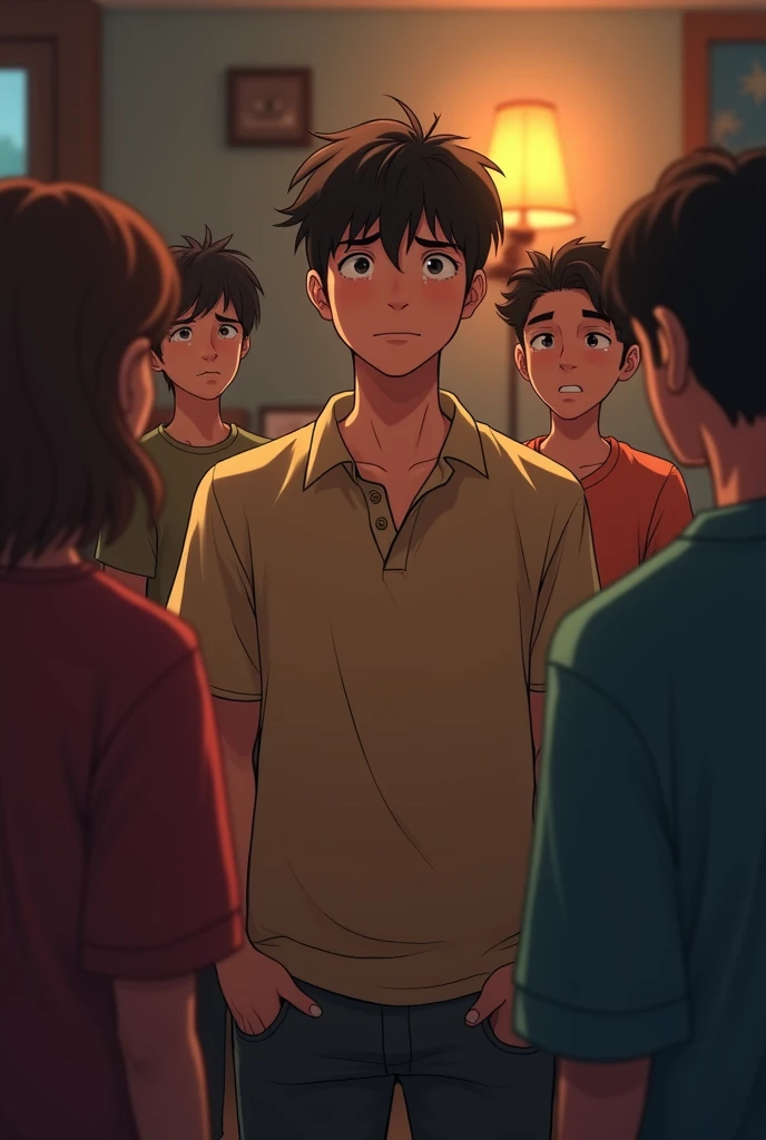 Creates a young man admitting his guilt in front of his friends