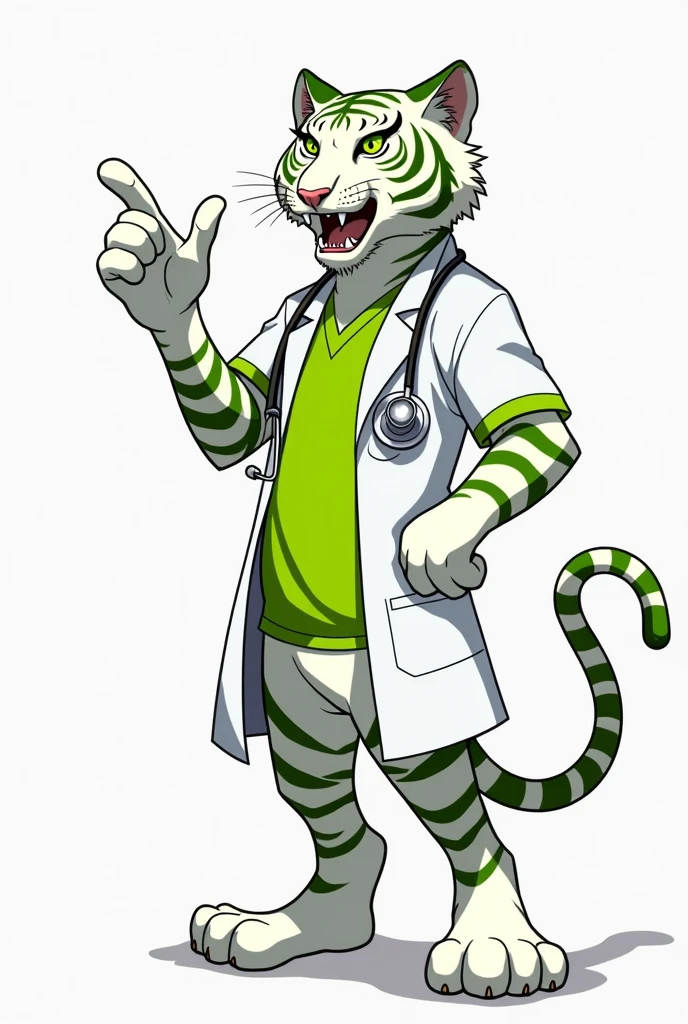 White tiger doctor with lime green shirt and white coat and stethoscope Could you make it anime style please, a little aggressive, not much, with a style more like an Olympics mascot You could make it thinner Striped hands please already full body, not so humanized A body completed please