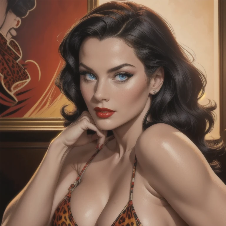 A beautiful woman with long dark hair, cerulean blue eyes, full red lips, wearing a leopard print bikini, striking a sensual pinup pose, 50s pinup style, (best quality,4k,8k,highres,masterpiece:1.2),ultra-detailed,(realistic,photorealistic,photo-realistic:1.37),HDR,UHD,studio lighting,ultra-fine painting,sharp focus,physically-based rendering,extreme detail description,professional,vivid colors,bokeh,portrait,glamour,dramatic lighting,warm tones,natural skin texture,detailed  features,elegant,captivating