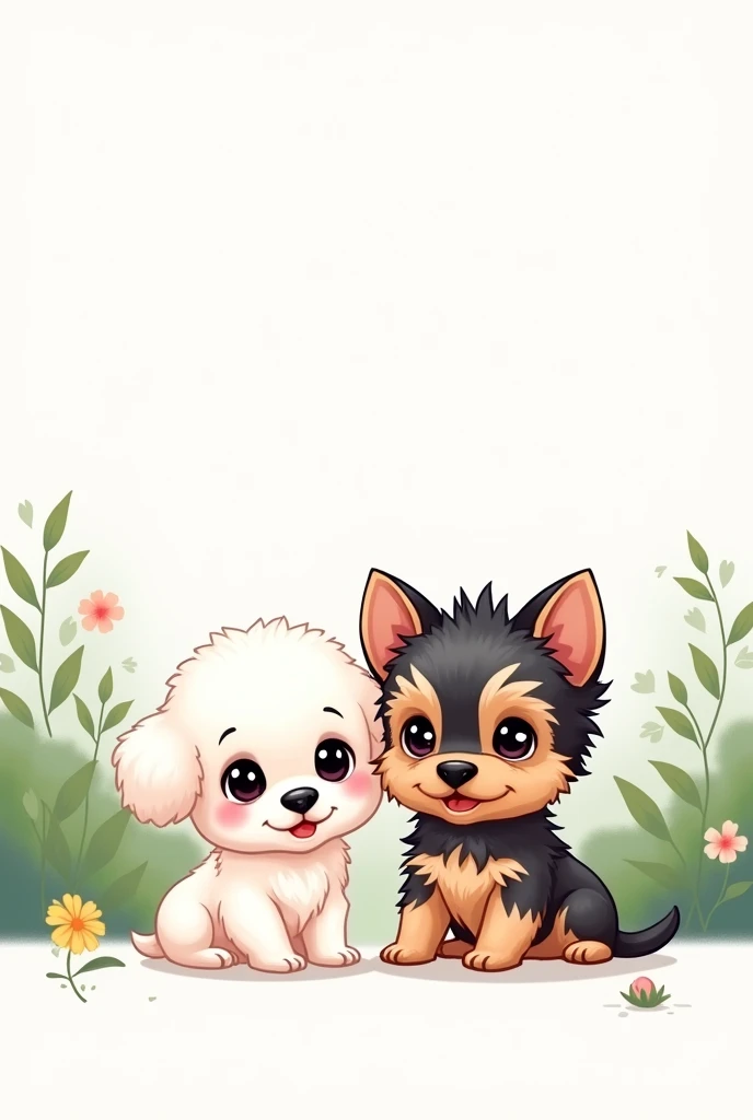 Prompt for illustration:
styled: Chibi Characters:
Little puppies:
White Poodle with Black Eyes.
Short-haired and spiky Yorkshire. Brown fur with some black and gray.
Scenario: White background with subtle nature elements, like green leaves, small shrubs and maybe some flowers.