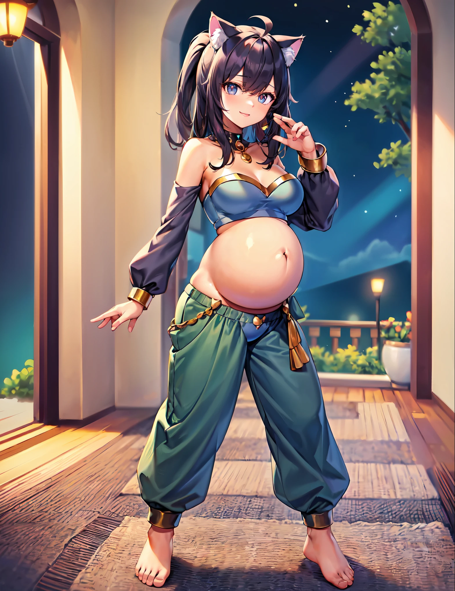 (best quality, ultra-high resolution, depth of field:1.2), (full body shot:1.2), (perfect body:1.2), (big breasts:1.2), (round pregnant belly:1.2), beautiful face, (2), (cat woman), radiant eyes, (gray eyes:1.2), (beautiful smile), (black hair), animal ears, (fluffy cat ears), (fluffy cat tail), (strapless top:1.2), (long sleeves:1.2), (wearing a baggy harem belly dance pants:1.2), (bare feet:1.2), (full of jewelry:1.2), night time, (multiple points of views), (standing pose:1.2)