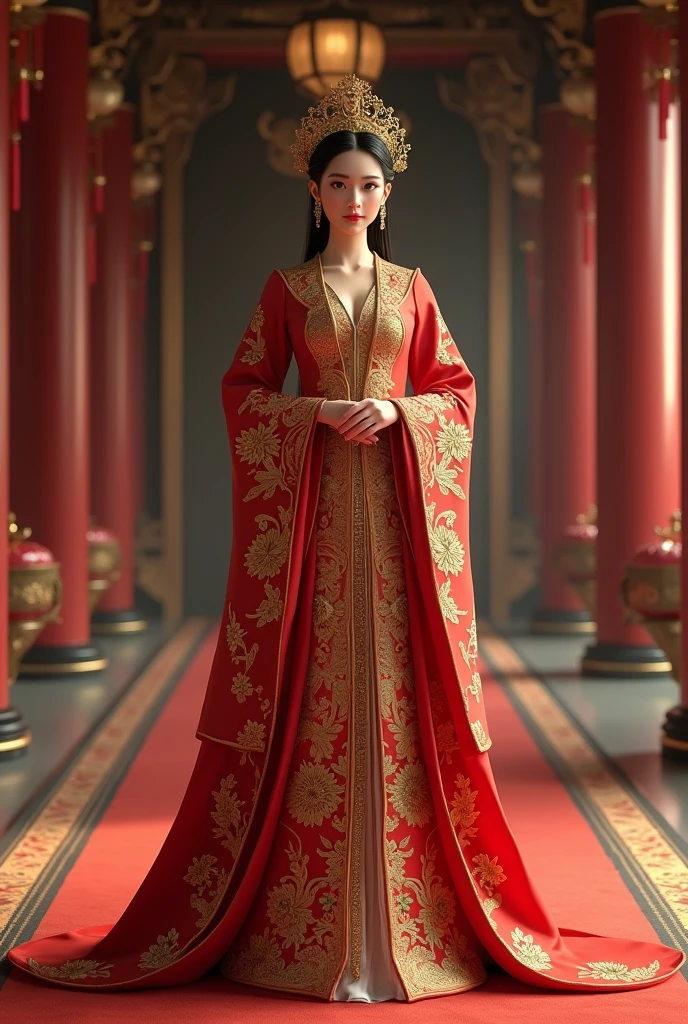 A figure of Iriana Jokowi, wearing the imperial regalia of the Empress or Empress of China. The attire consists of a long golden-red robe with intricate dragon and floral embroidery. She wears a golden crown adorned with jewels, with sheer curtains hanging on the sides. Her face shows calm and authority, with her black hair neatly tied up under her crown. The background shows the interior of a magnificent Chinese palace with traditional ornaments and large pillars.