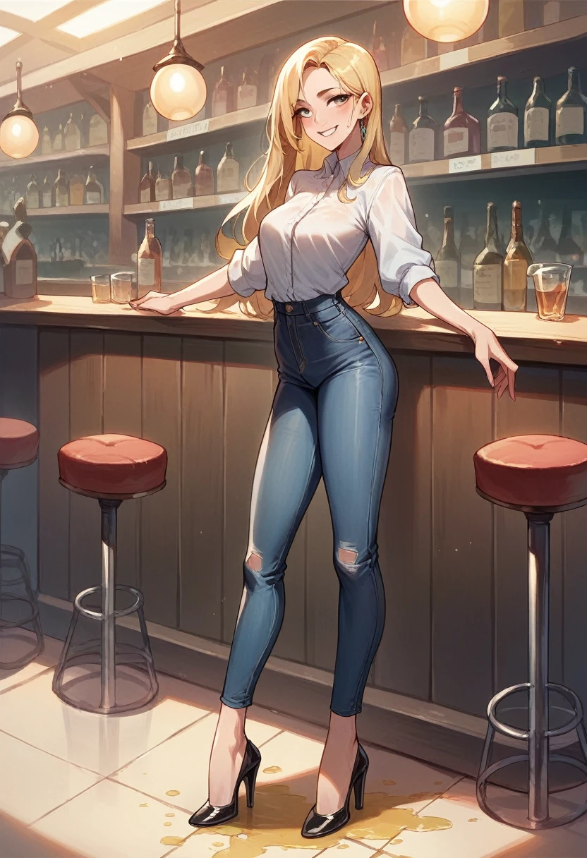 attractive blonde woman wearing black skinny jeans, high heel pumps, white blouse, standing in a crowded bar, wetting, big smile, pee stains are gleaming wet,